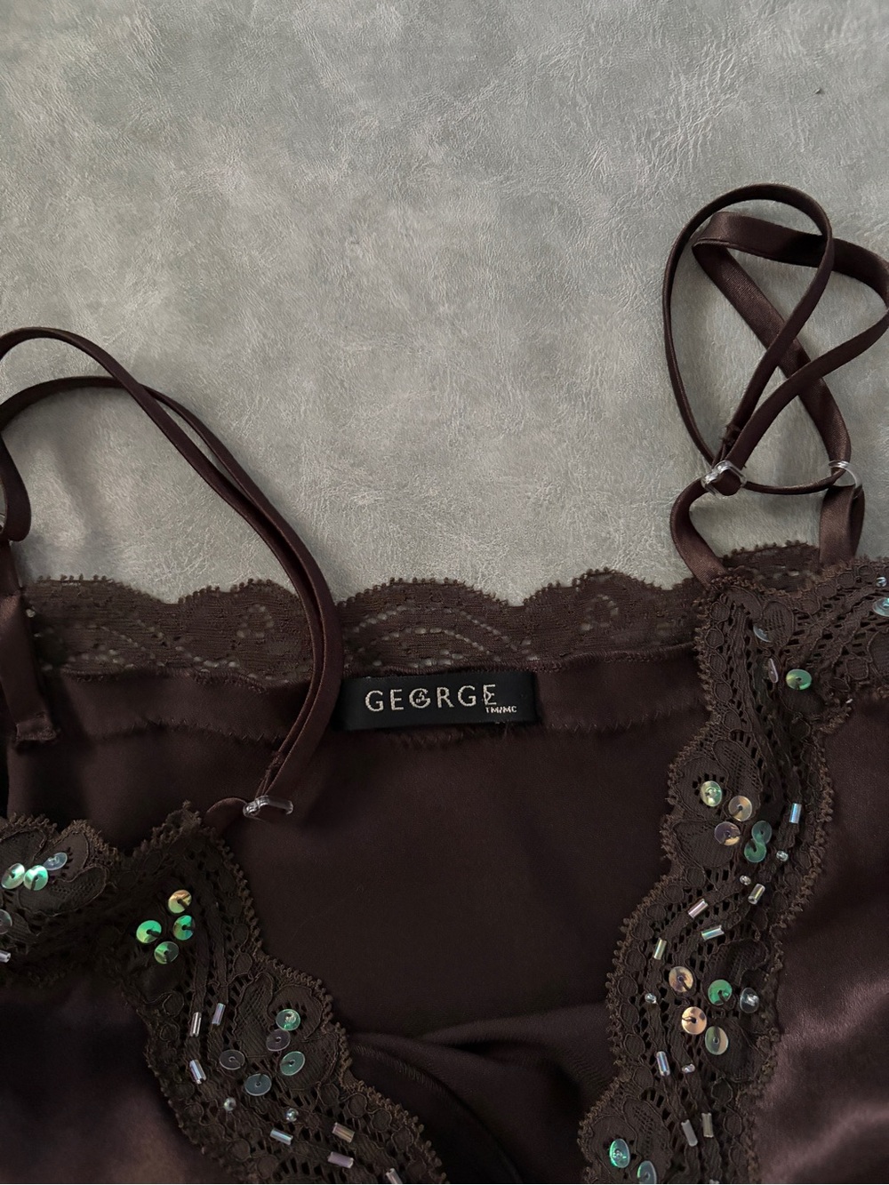 Y2K Chocolate Brown Satin Lace Sequin Beaded Girly Camisole - Picture 8 of 12